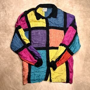Vintage 80s Patchwork Button Up Shirt Multicolor Maximalist Memphis Design Retro